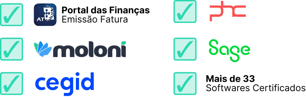 Softwares compatíveis, incluindo Portal das Finanças, Moloni, Cegid, PHC e Sage.
